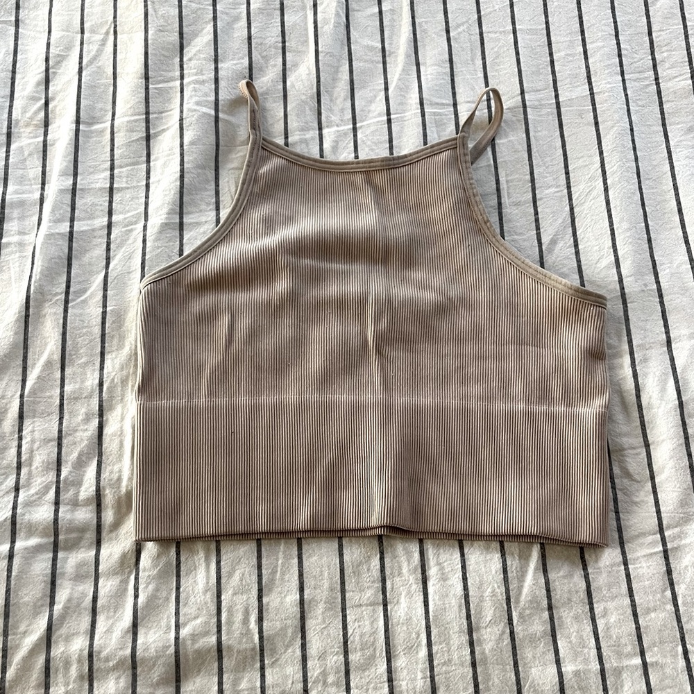 Tan Square High Neck Cropped Tank